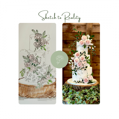 Whimsical wedding cake adorned in sugar flowers